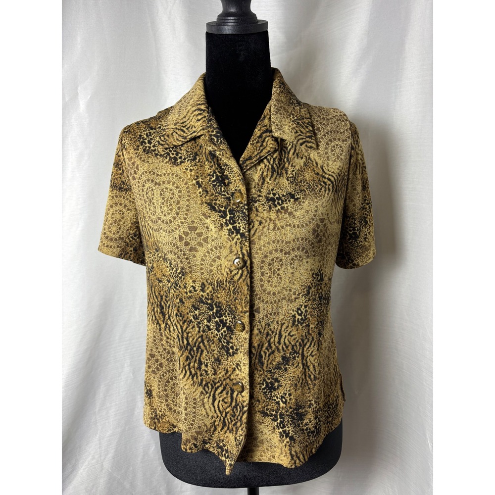 Jessica Howard Button Down Blouse Womens Size 8 Brown Vintage Leopard Print Top